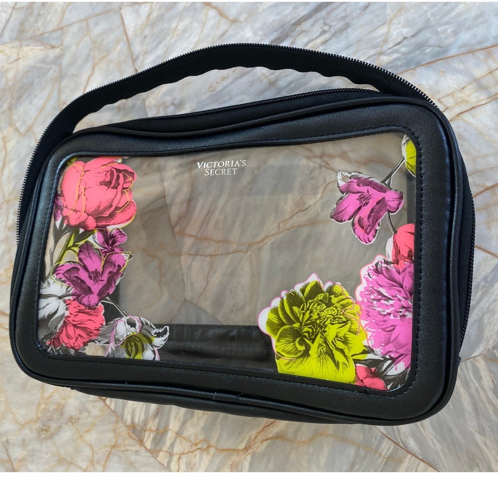 Victorias Secret Floral Clear Makeup Bag Black Trim Travel Cosmetic Pouch - Picture 13 of 13